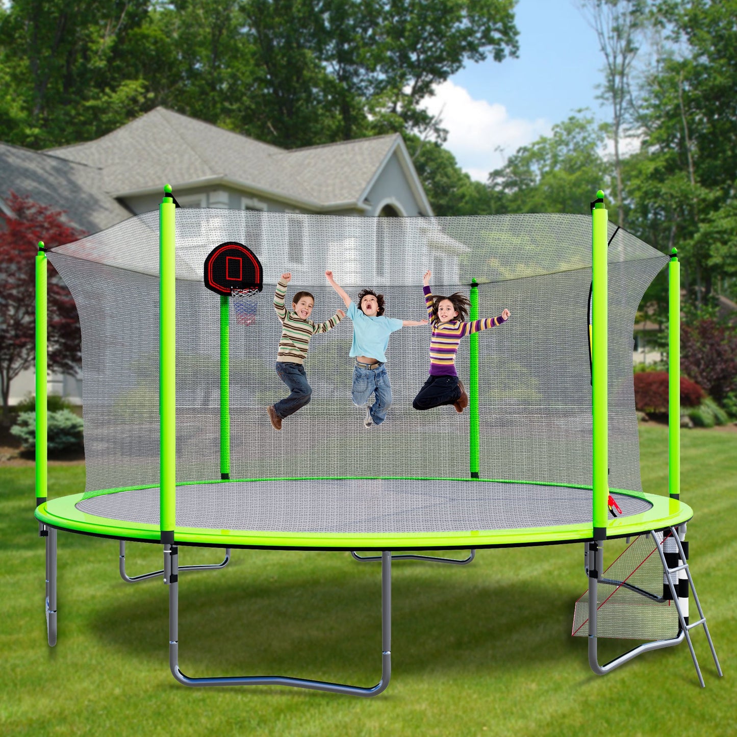 16FT Trampoline with Basketball Hoop pump and Ladder(Inner Safety Enclosure) with soccer goal Green - 1st Choice Furniture Direct
