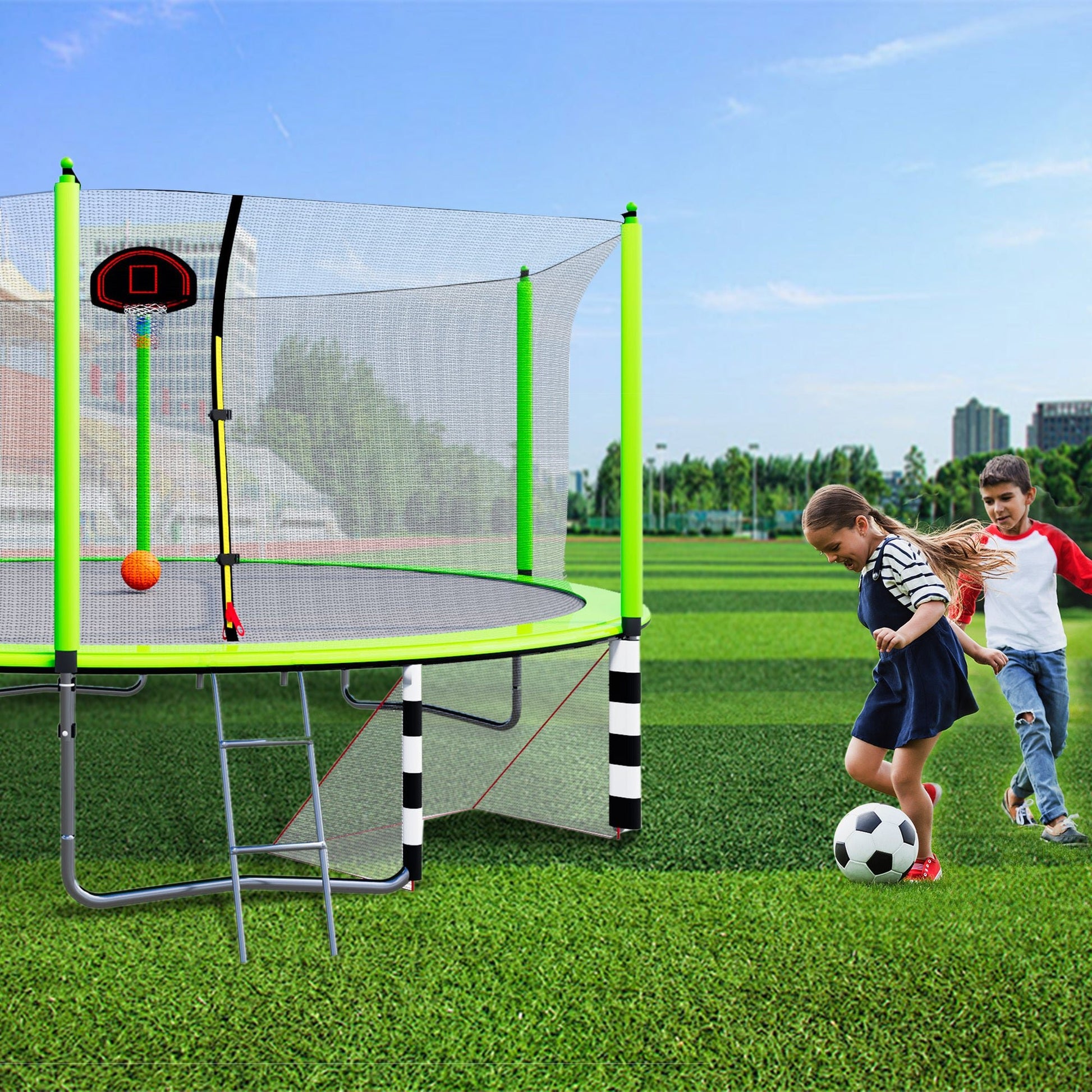 16FT Trampoline with Basketball Hoop pump and Ladder(Inner Safety Enclosure) with soccer goal Green - 1st Choice Furniture Direct