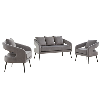 Mid Century Modern Velvet 3-Piece Living Room Set with Metal Legs in Charcoal, Loveseat & 2 Accent Chairs, Upholstered in Soft Velvet, Solid Wood Frame, Round Arms, Black Metal Legs
