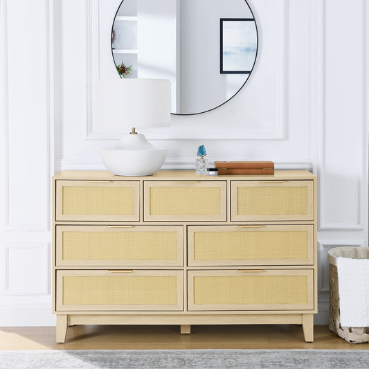 Bedroom 7 drawer dresser, rattan dresser modern wooden chest of drawers with spacious storage space for bedroom hallway living room