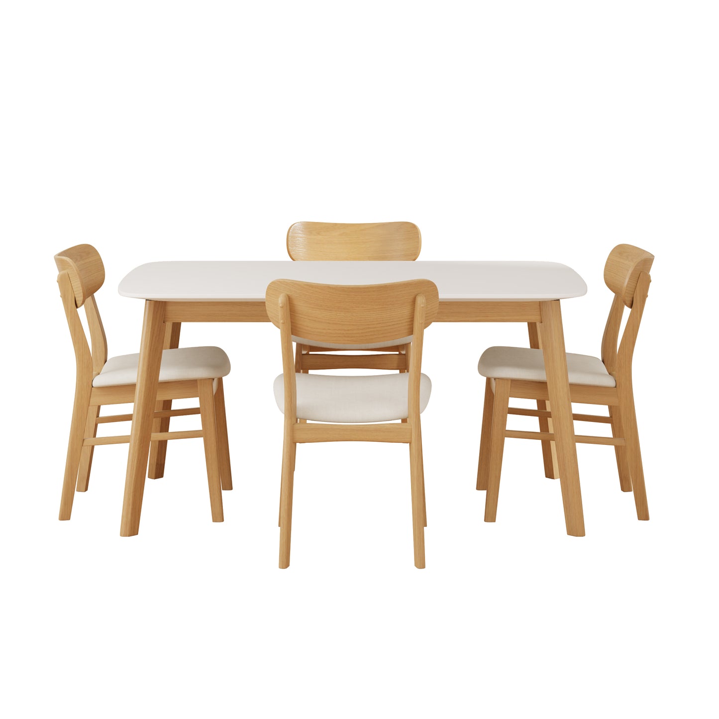 Mid-Century Modern 5-Piece Dining Set with Solid Wood Table and Upholstered Chairs in White Oak + Light Beige, Fabric and Rubber Wood Construction
