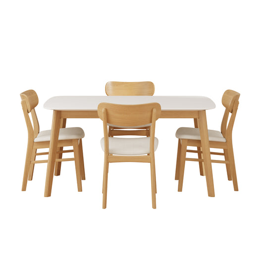 Mid-Century Modern 5-Piece Dining Set with Solid Wood Table and Upholstered Chairs in White Oak + Light Beige, Fabric and Rubber Wood Construction