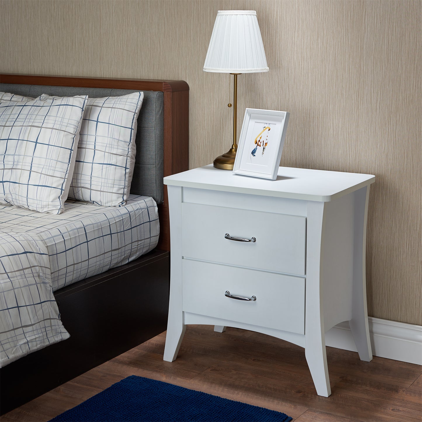 Modern White 2 Drawer Nightstand with Metal Drawer Glides