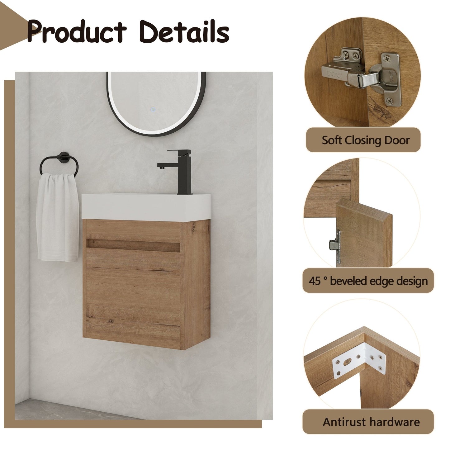 18'' Floating Wall - Mounted Bathroom Vanity with White Resin Sink & Soft - Close Cabinet Door - 1st Choice Furniture Direct