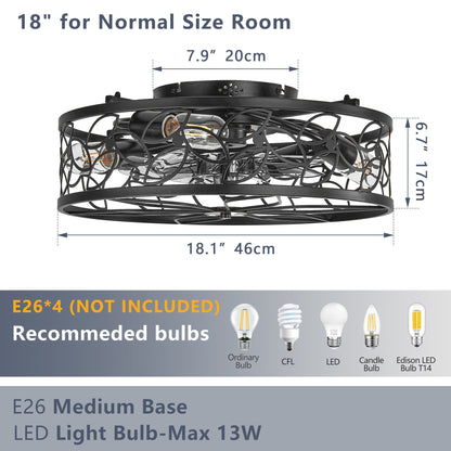 18 - inch Black Vintage Caged Ceiling Fan Light – Quiet Operation, Remote Control, Industrial Style for Living Room, Bedroom, and Kitchen (Silent/6 - Speed/Reversible/DC Motor) (Bulb Not Included) - 1st Choice Furniture Direct