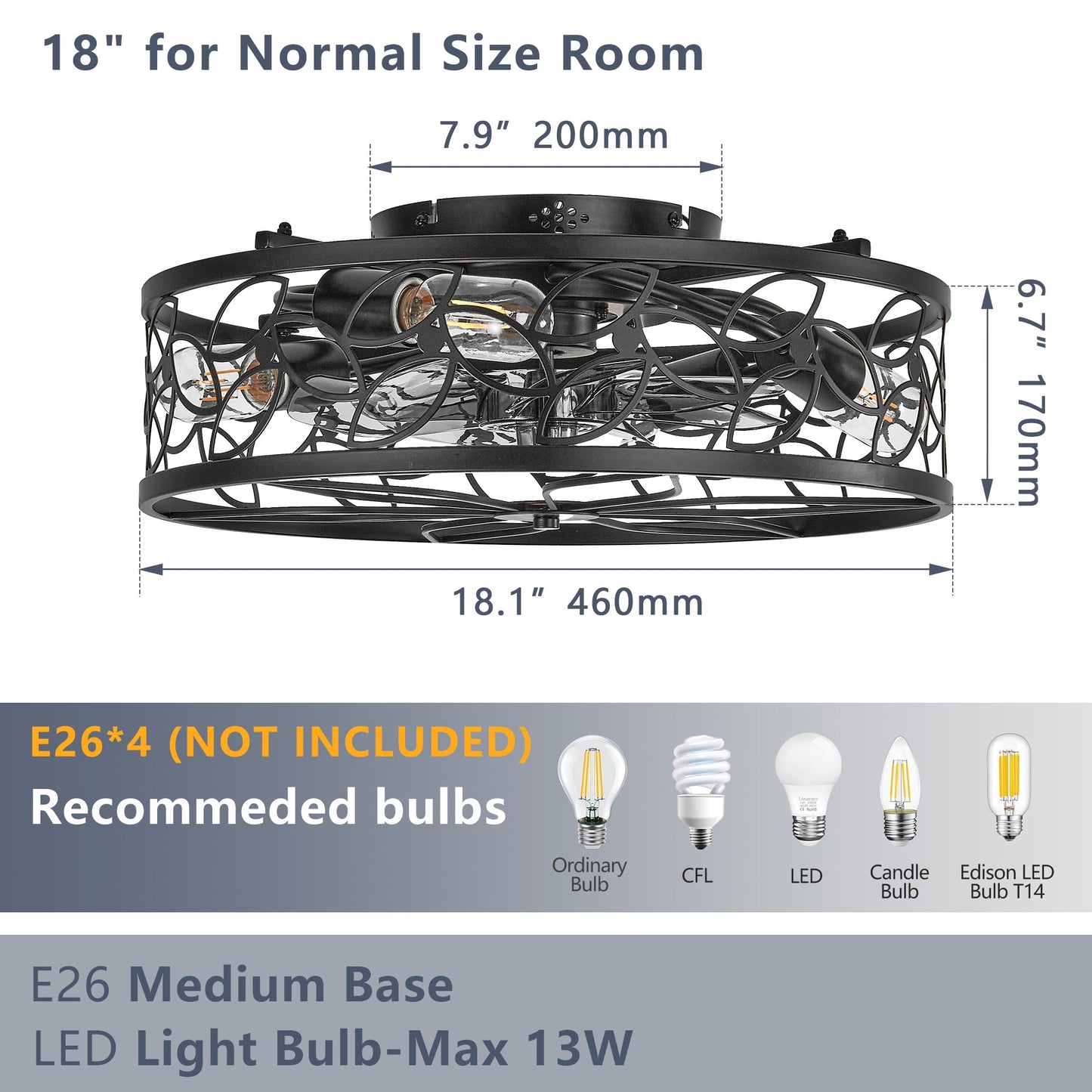 18 - inch Black Vintage Caged Ceiling Fan Light – Quiet Operation, Remote Control, Industrial Style for Living Room, Bedroom, and Kitchen (Silent/6 - Speed/Reversible/DC Motor) (Bulb Not Included) - 1st Choice Furniture Direct