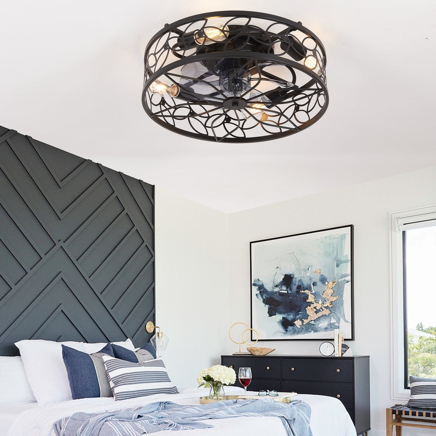 18 - inch Black Vintage Caged Ceiling Fan Light – Quiet Operation, Remote Control, Industrial Style for Living Room, Bedroom, and Kitchen (Silent/6 - Speed/Reversible/DC Motor) (Bulb Not Included) - 1st Choice Furniture Direct