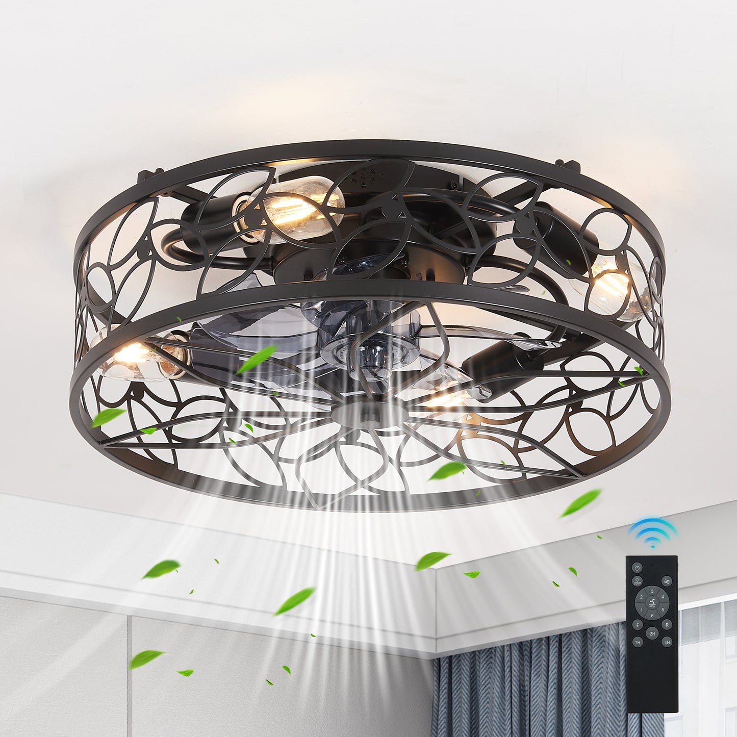 18 - inch Black Vintage Caged Ceiling Fan Light – Quiet Operation, Remote Control, Industrial Style for Living Room, Bedroom, and Kitchen (Silent/6 - Speed/Reversible/DC Motor) (Bulb Not Included) - 1st Choice Furniture Direct
