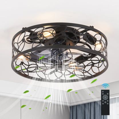 18 - inch Black Vintage Caged Ceiling Fan Light – Quiet Operation, Remote Control, Industrial Style for Living Room, Bedroom, and Kitchen (Silent/6 - Speed/Reversible/DC Motor) (Bulb Not Included) - 1st Choice Furniture Direct