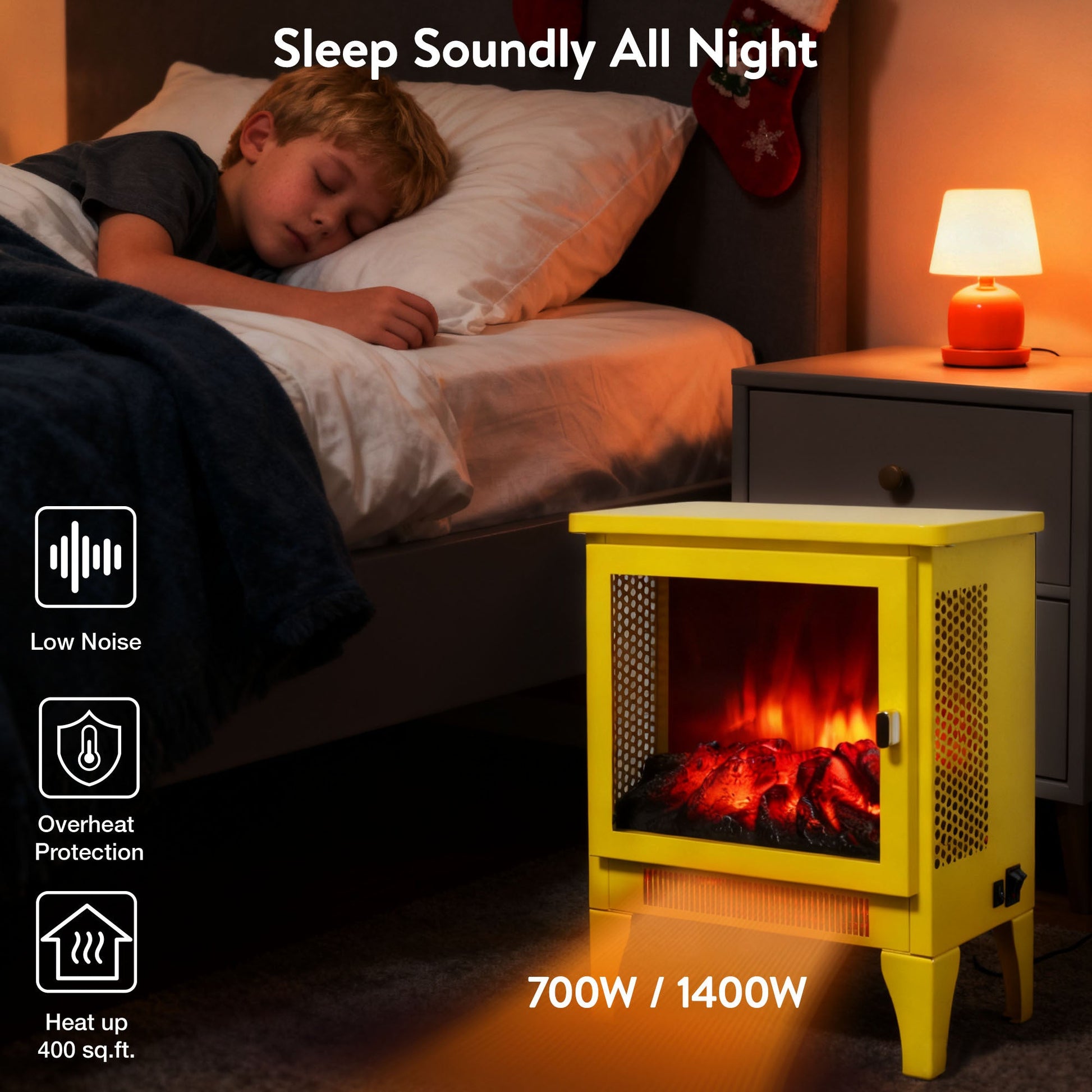 18 inch Freestanding Electric Fireplace Stove heater with 3D Flame effect,Lemon Yellow - 1st Choice Furniture Direct