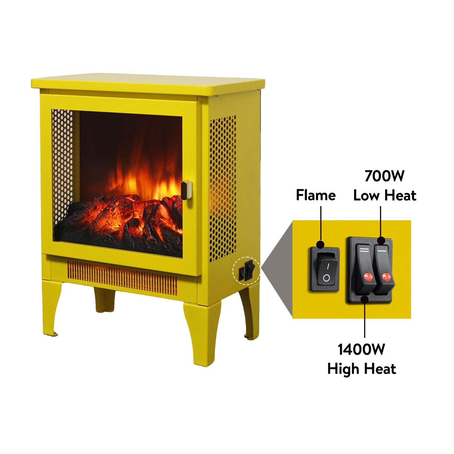 18 inch Freestanding Electric Fireplace Stove heater with 3D Flame effect,Lemon Yellow - 1st Choice Furniture Direct