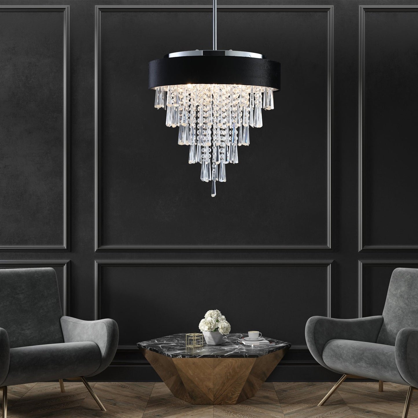 18 - inch Modern Crystal Chandelier with Black Imitation Velvet Anti - Glare Shade, Adjustable Height, 8 - Light G9 Base for Dining Room, Living Room, or Bedroom (Bulb Not Included) - 1st Choice Furniture Direct