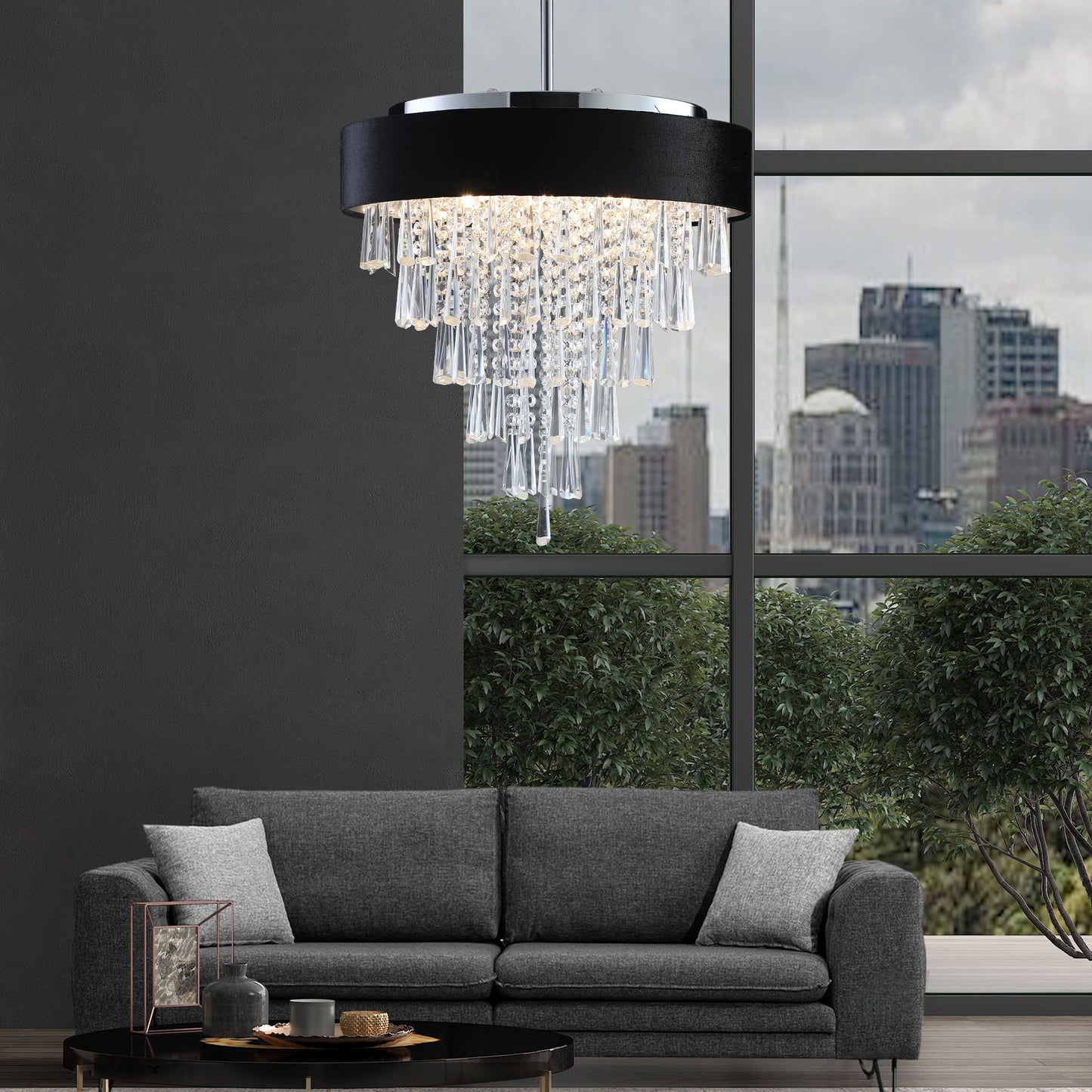 18 - inch Modern Crystal Chandelier with Black Imitation Velvet Anti - Glare Shade, Adjustable Height, 8 - Light G9 Base for Dining Room, Living Room, or Bedroom (Bulb Not Included) - 1st Choice Furniture Direct