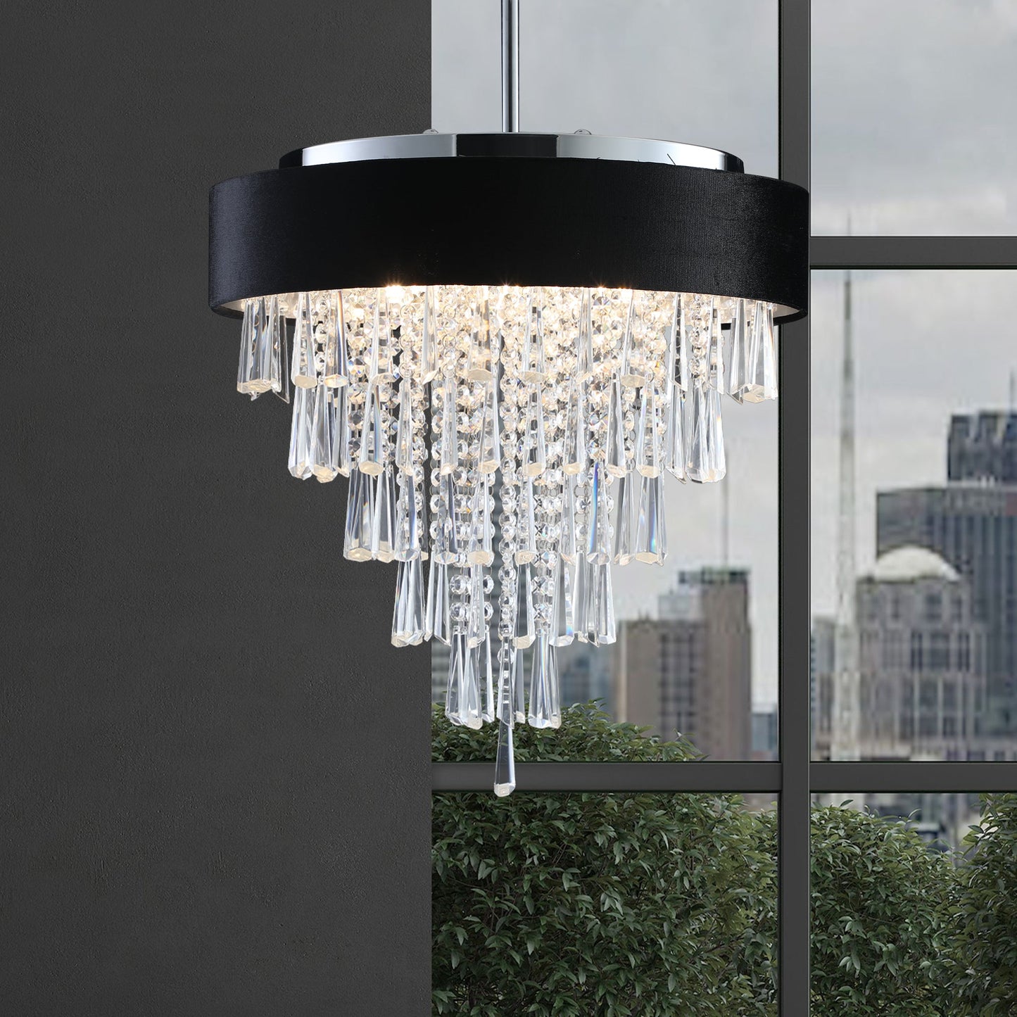 18 - inch Modern Crystal Chandelier with Black Imitation Velvet Anti - Glare Shade, Adjustable Height, 8 - Light G9 Base for Dining Room, Living Room, or Bedroom (Bulb Not Included) - 1st Choice Furniture Direct