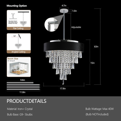 18 - inch Modern Crystal Chandelier with Black Imitation Velvet Anti - Glare Shade, Adjustable Height, 8 - Light G9 Base for Dining Room, Living Room, or Bedroom (Bulb Not Included) - 1st Choice Furniture Direct