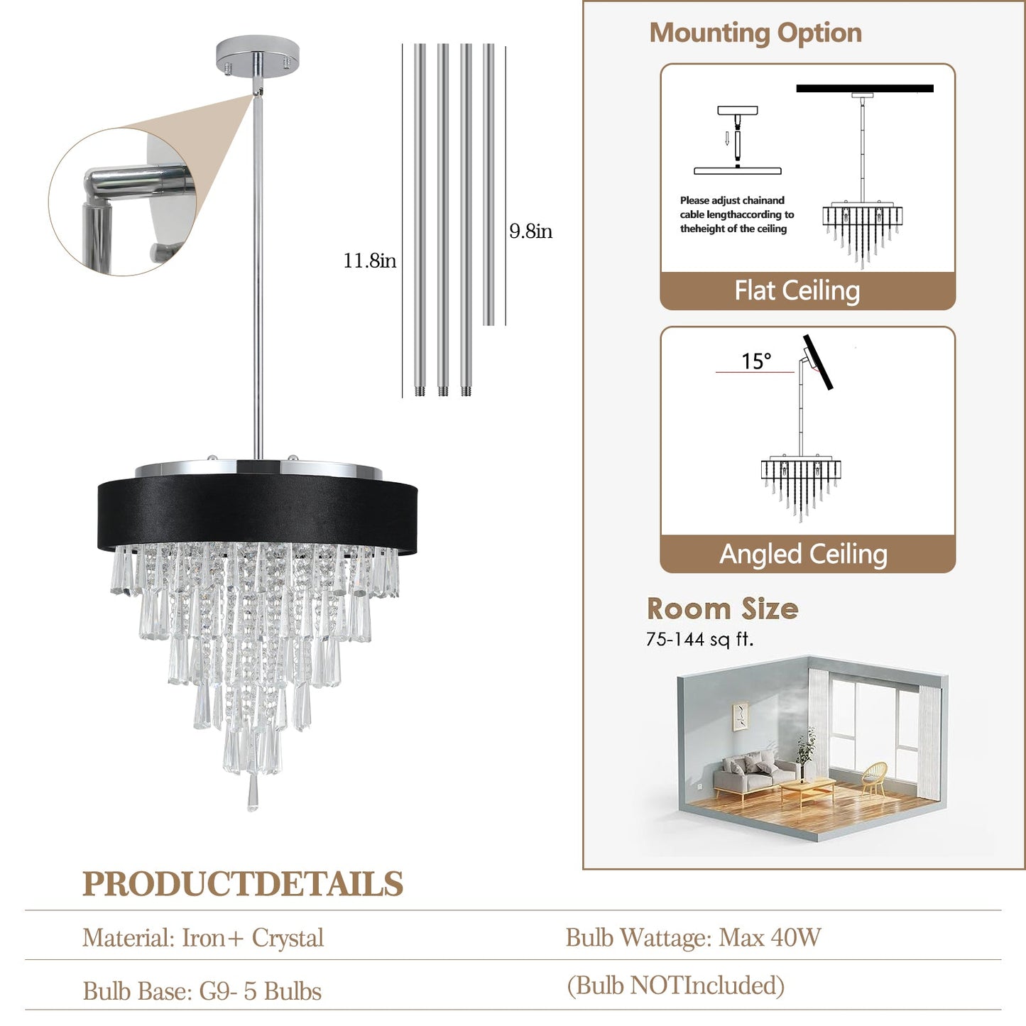 18 - inch Modern Crystal Chandelier with Black Imitation Velvet Anti - Glare Shade, Adjustable Height, 8 - Light G9 Base for Dining Room, Living Room, or Bedroom (Bulb Not Included) - 1st Choice Furniture Direct