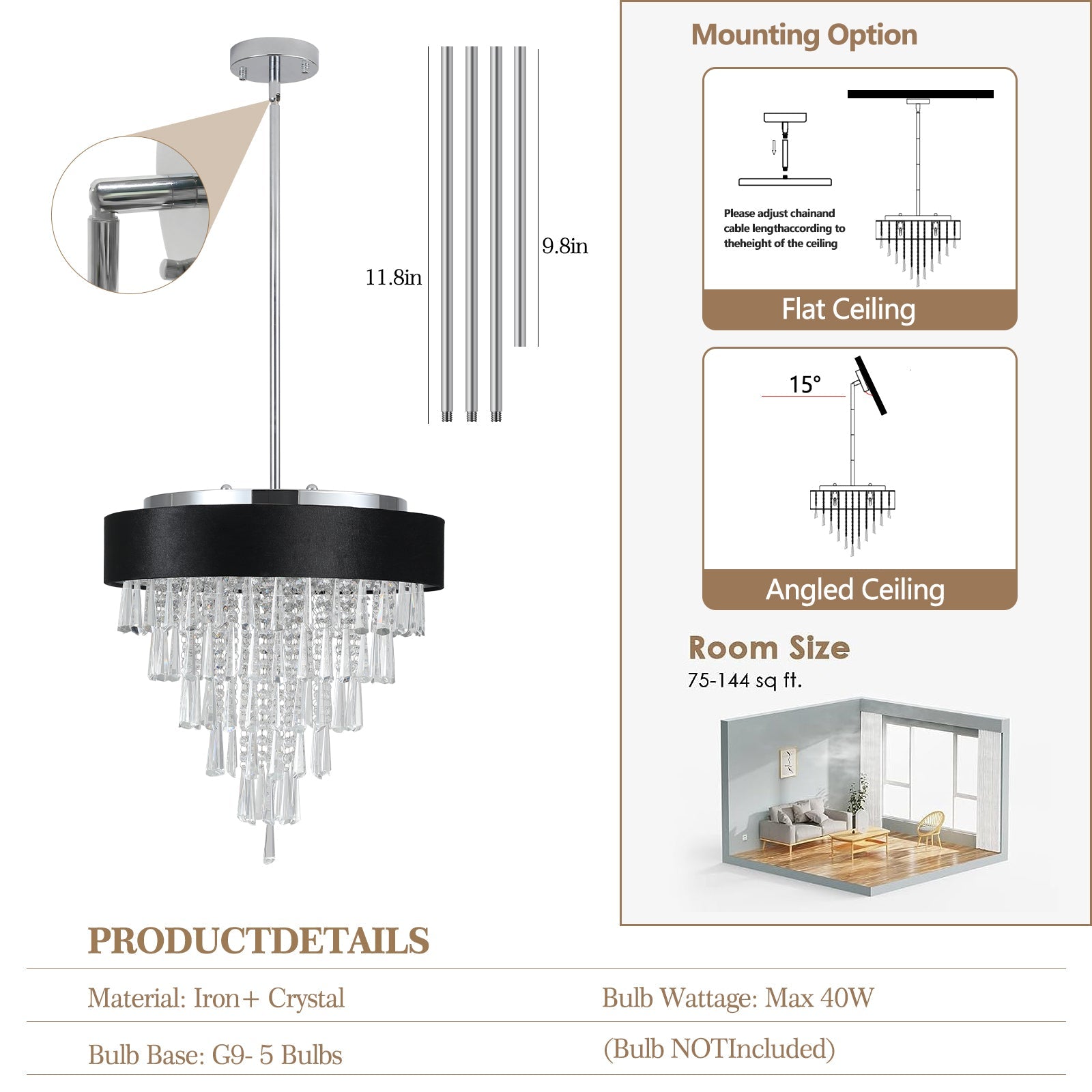 18 - inch Modern Crystal Chandelier with Black Imitation Velvet Anti - Glare Shade, Adjustable Height, 8 - Light G9 Base for Dining Room, Living Room, or Bedroom (Bulb Not Included) - 1st Choice Furniture Direct