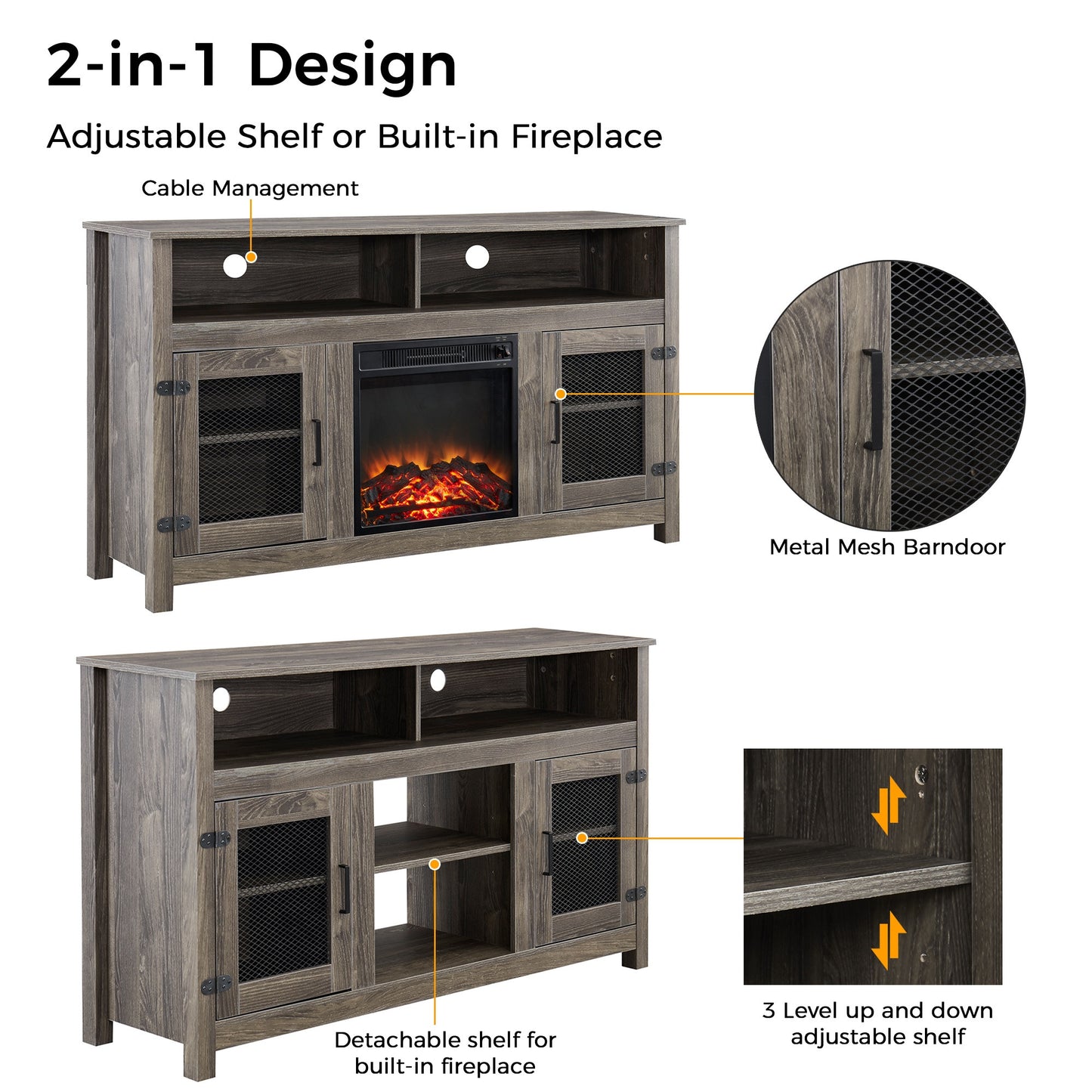 1st Choice Modern Farmhouse TV Stand with Electric Fireplace Fit up to 65" in Grey