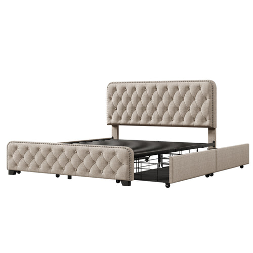 1st Choice Upholstered Platform Bed Frame with Four Drawers Button Tufted