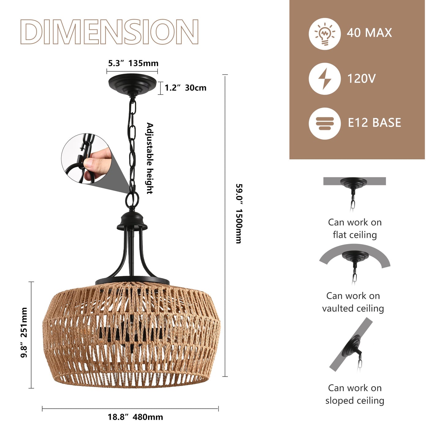 19' Boho Hemp Rope Pendant Light, Hand - Woven Jute Hanging Lamp with Adjustable Chain, Natural Rope Shade Ceiling Light Fixture for Kitchen Island, Dining Room, or Entryway (Bulb Not Included) - 1st Choice Furniture Direct