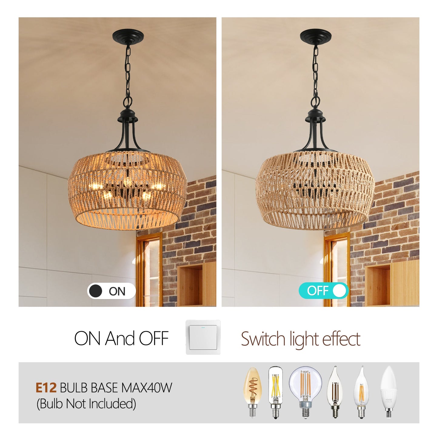 19' Boho Hemp Rope Pendant Light, Hand - Woven Jute Hanging Lamp with Adjustable Chain, Natural Rope Shade Ceiling Light Fixture for Kitchen Island, Dining Room, or Entryway (Bulb Not Included) - 1st Choice Furniture Direct