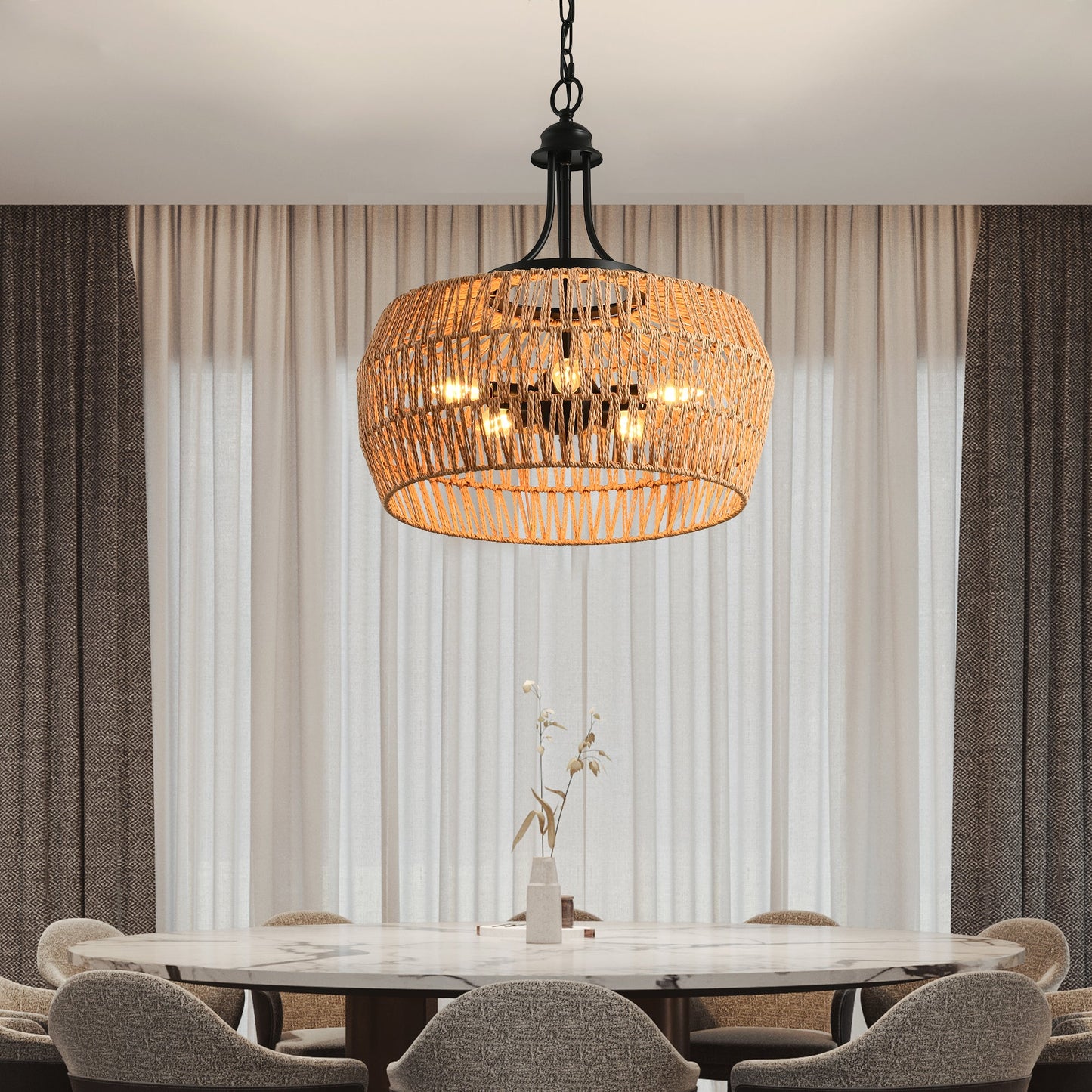 19' Boho Hemp Rope Pendant Light, Hand - Woven Jute Hanging Lamp with Adjustable Chain, Natural Rope Shade Ceiling Light Fixture for Kitchen Island, Dining Room, or Entryway (Bulb Not Included) - 1st Choice Furniture Direct