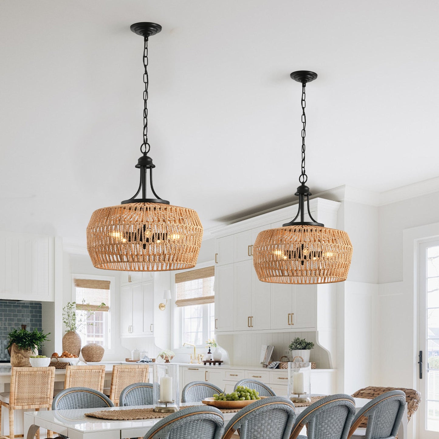 19' Boho Hemp Rope Pendant Light, Hand - Woven Jute Hanging Lamp with Adjustable Chain, Natural Rope Shade Ceiling Light Fixture for Kitchen Island, Dining Room, or Entryway (Bulb Not Included) - 1st Choice Furniture Direct