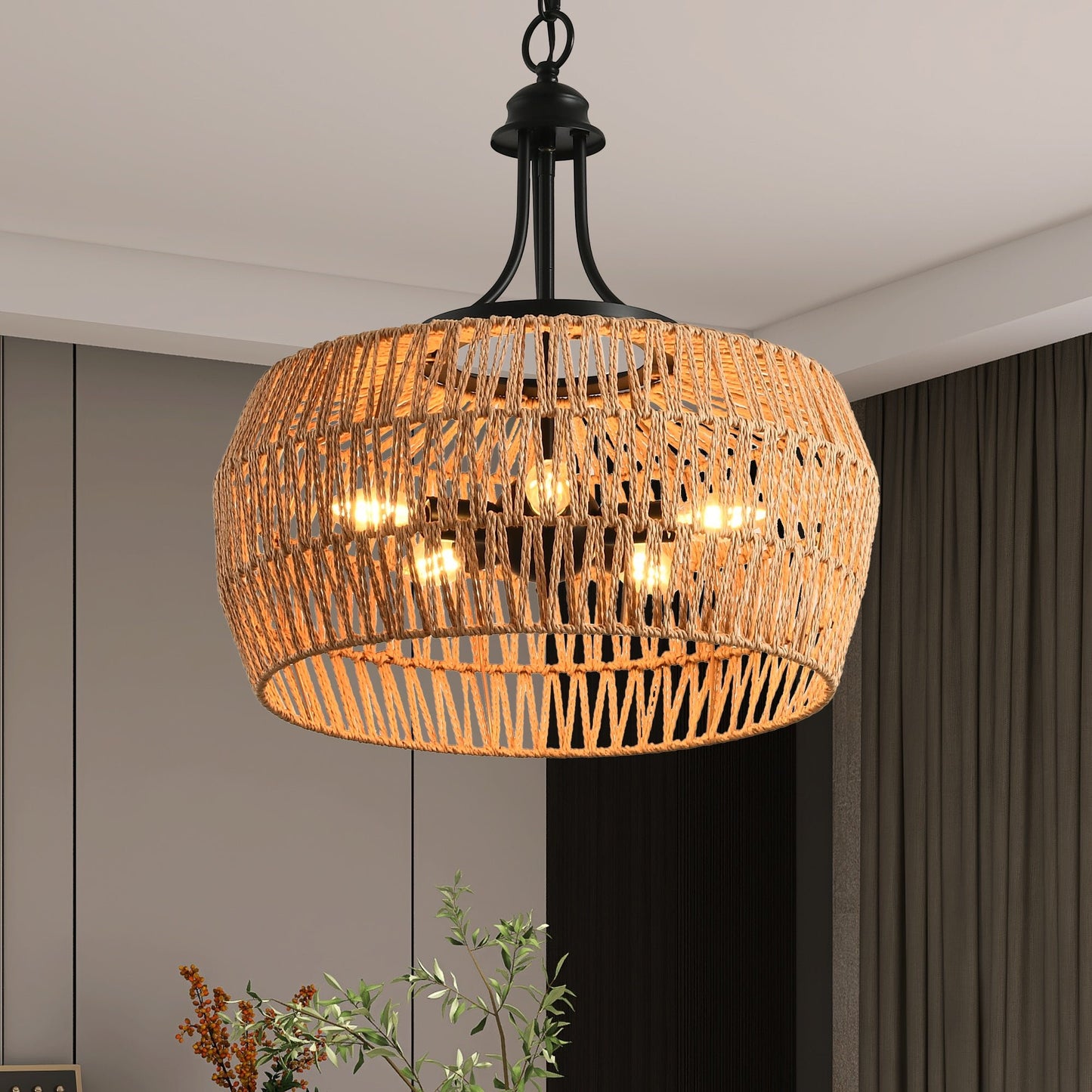 19' Boho Hemp Rope Pendant Light, Hand - Woven Jute Hanging Lamp with Adjustable Chain, Natural Rope Shade Ceiling Light Fixture for Kitchen Island, Dining Room, or Entryway (Bulb Not Included) - 1st Choice Furniture Direct