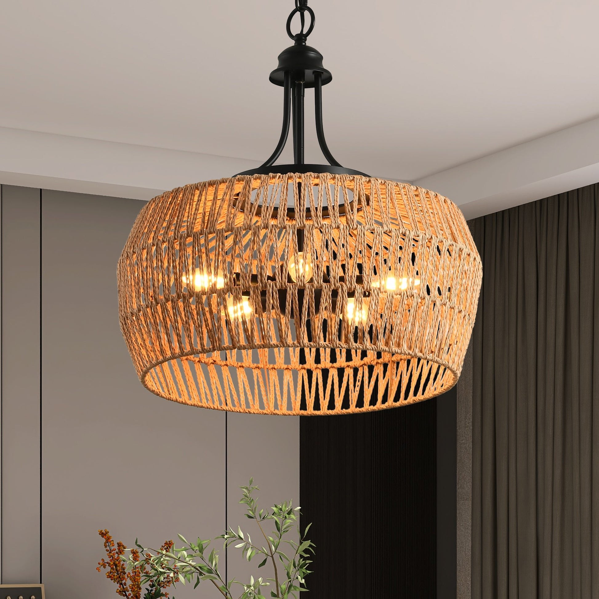 19' Boho Hemp Rope Pendant Light, Hand - Woven Jute Hanging Lamp with Adjustable Chain, Natural Rope Shade Ceiling Light Fixture for Kitchen Island, Dining Room, or Entryway (Bulb Not Included) - 1st Choice Furniture Direct