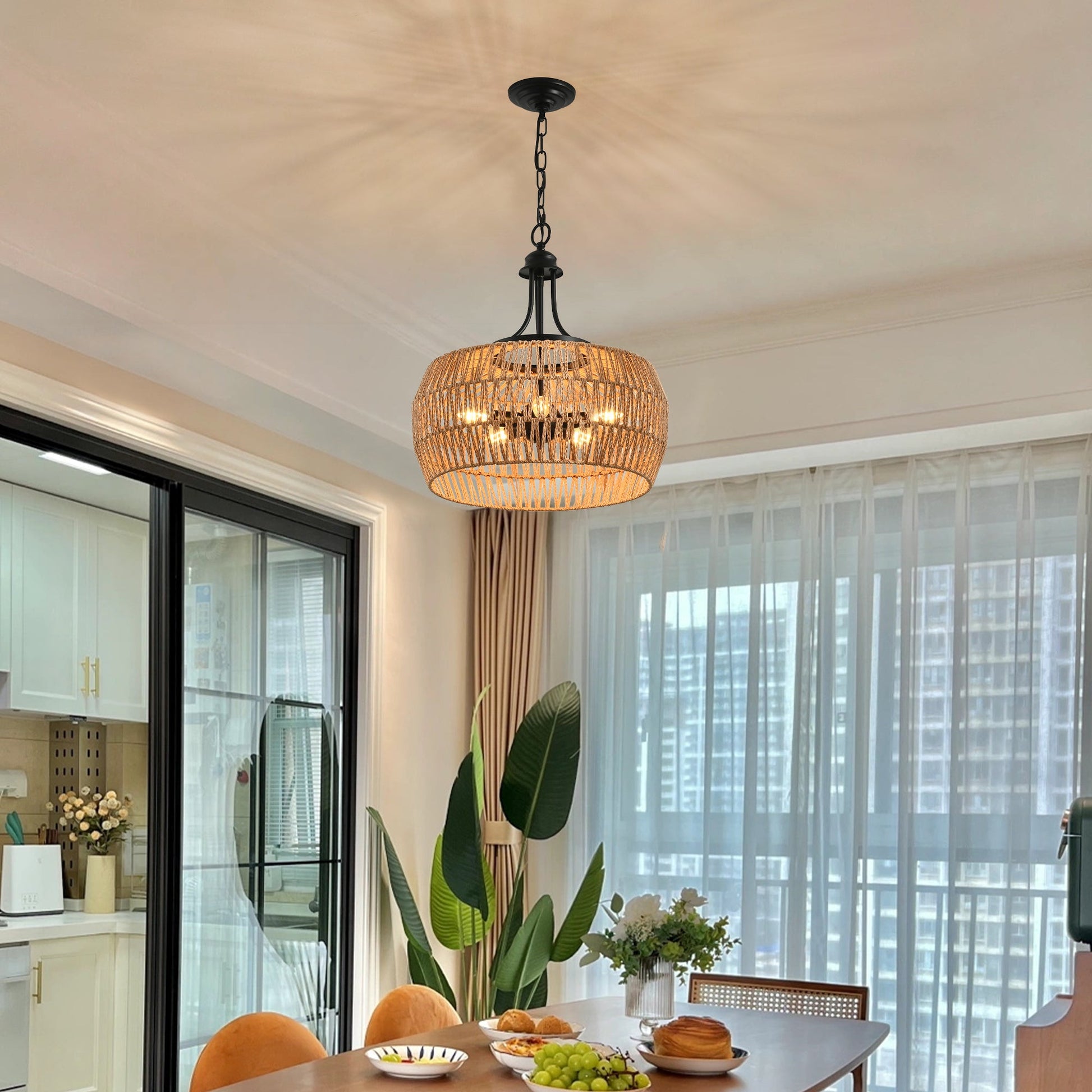 19' Boho Hemp Rope Pendant Light, Hand - Woven Jute Hanging Lamp with Adjustable Chain, Natural Rope Shade Ceiling Light Fixture for Kitchen Island, Dining Room, or Entryway (Bulb Not Included) - 1st Choice Furniture Direct