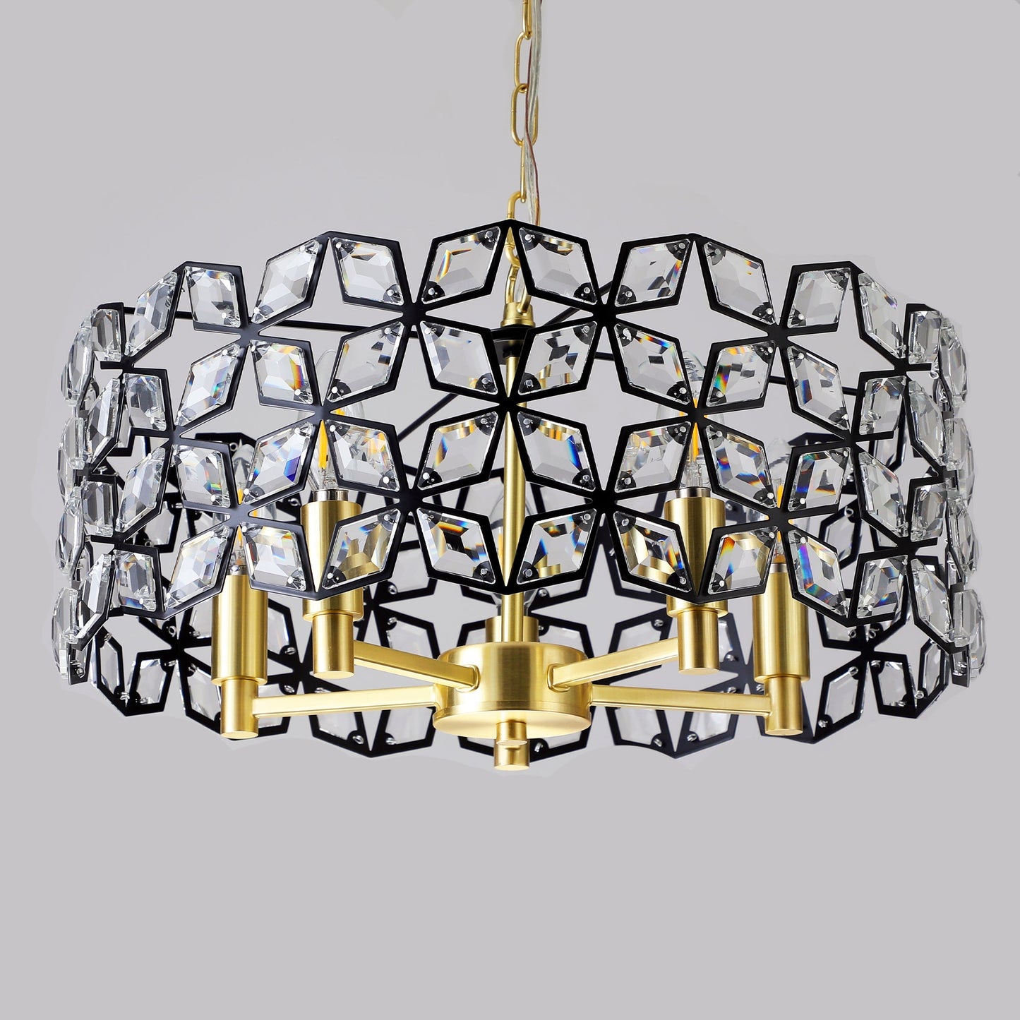 19' Geometric Crystal and BlackGold Round Pendant Chandelier – Modern 5 - Light Fixture for Dining Room, Living Room, or Kitchen (Bulb Not Included) - 1st Choice Furniture Direct