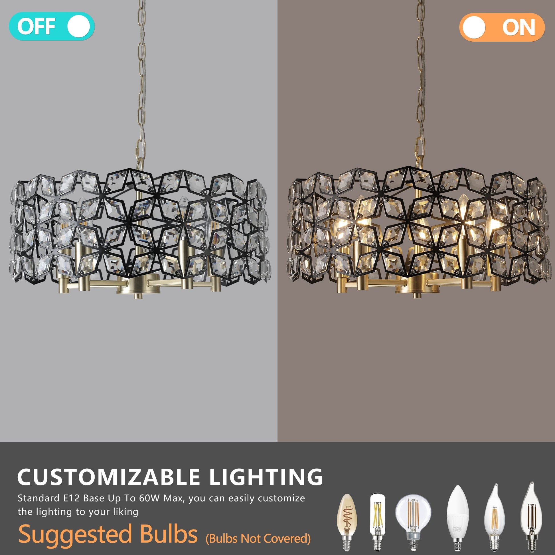 19' Geometric Crystal and BlackGold Round Pendant Chandelier – Modern 5 - Light Fixture for Dining Room, Living Room, or Kitchen (Bulb Not Included) - 1st Choice Furniture Direct
