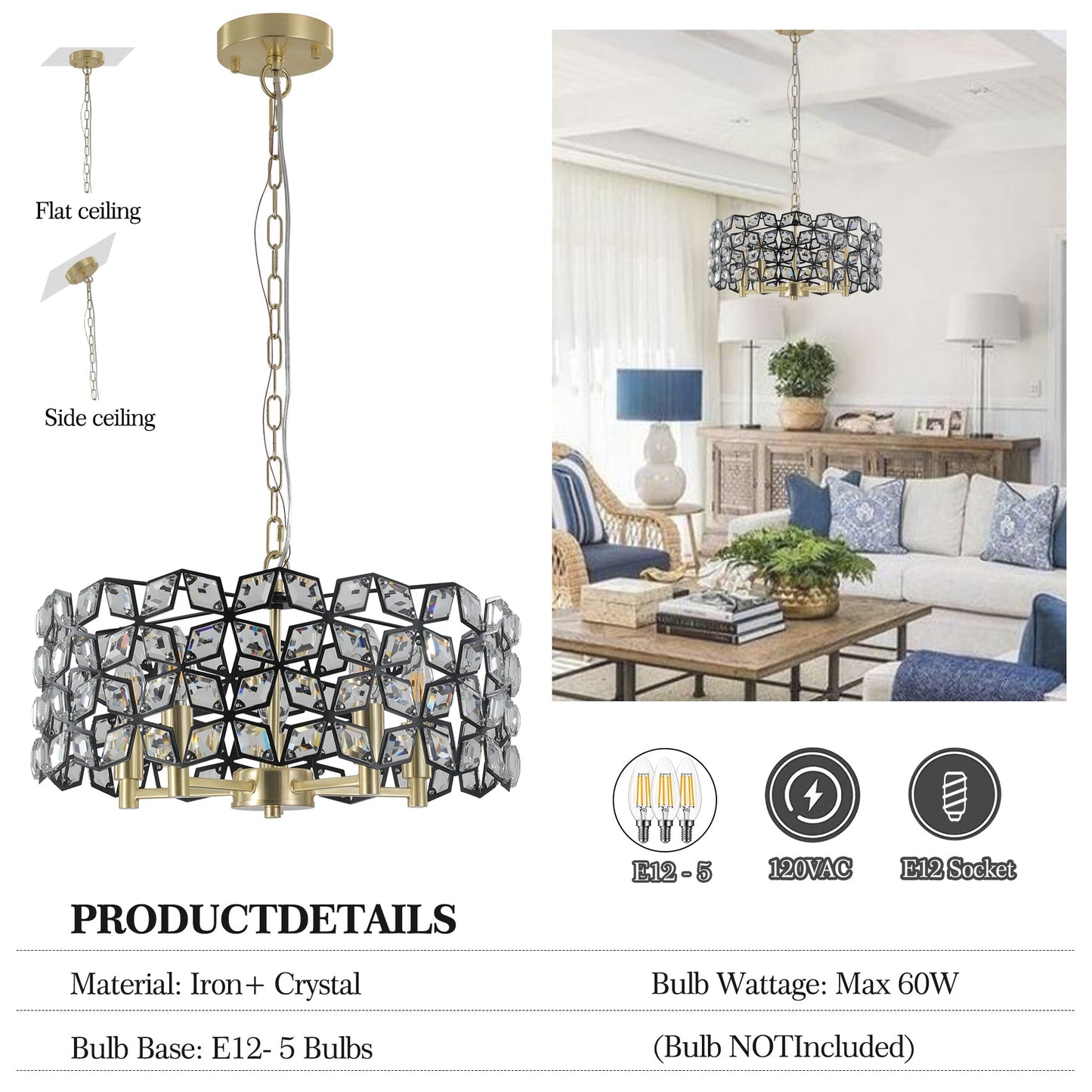 19' Geometric Crystal and BlackGold Round Pendant Chandelier – Modern 5 - Light Fixture for Dining Room, Living Room, or Kitchen (Bulb Not Included) - 1st Choice Furniture Direct
