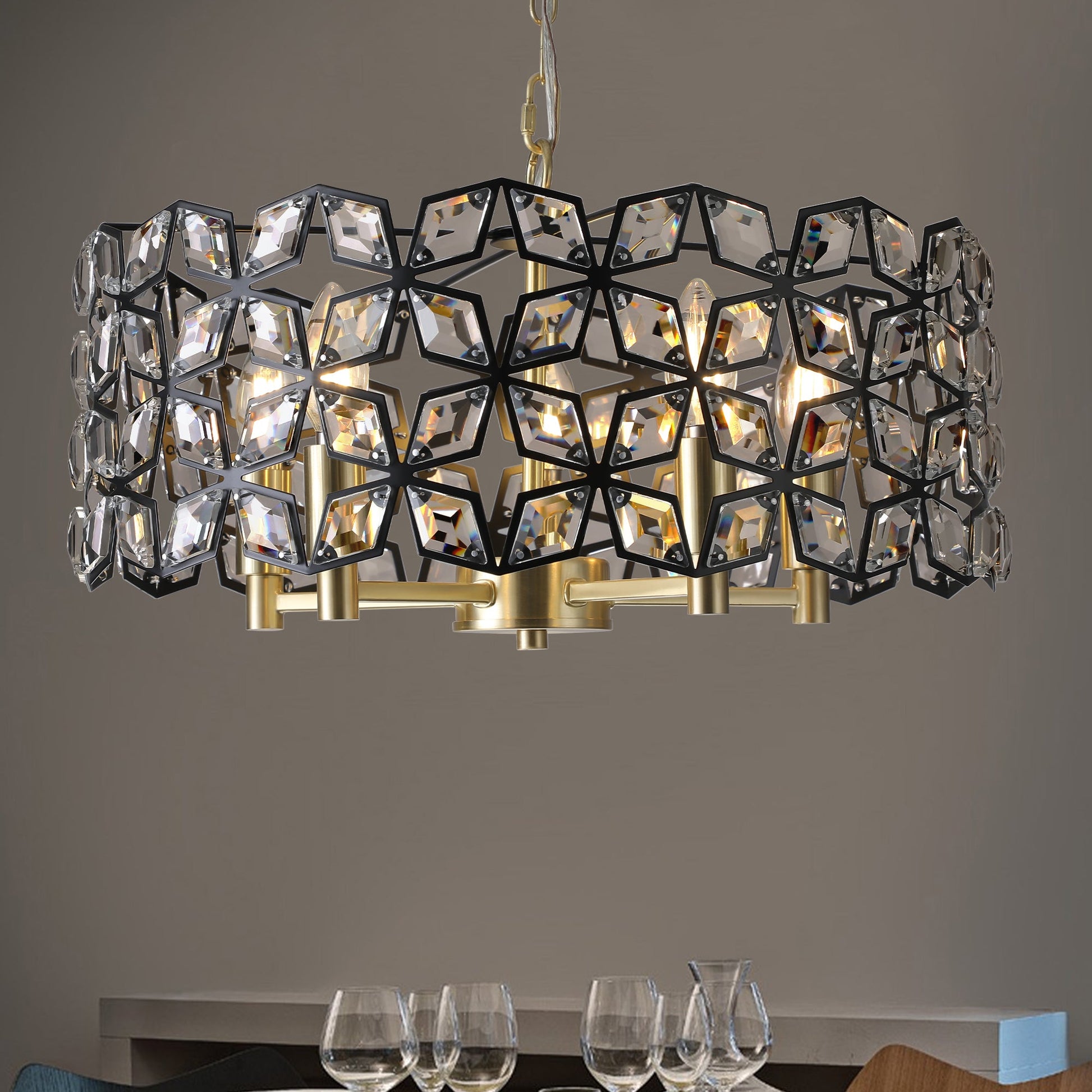 19' Geometric Crystal and BlackGold Round Pendant Chandelier – Modern 5 - Light Fixture for Dining Room, Living Room, or Kitchen (Bulb Not Included) - 1st Choice Furniture Direct