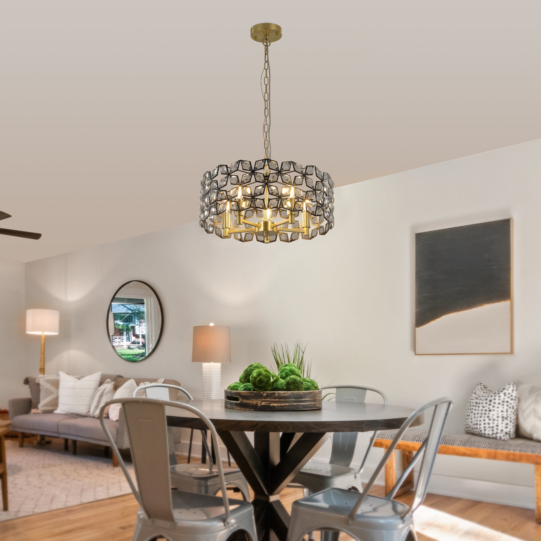 19' Geometric Crystal and BlackGold Round Pendant Chandelier – Modern 5 - Light Fixture for Dining Room, Living Room, or Kitchen (Bulb Not Included) - 1st Choice Furniture Direct