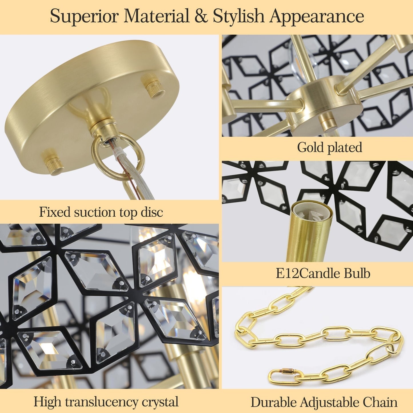 19' Geometric Crystal and BlackGold Round Pendant Chandelier – Modern 5 - Light Fixture for Dining Room, Living Room, or Kitchen (Bulb Not Included) - 1st Choice Furniture Direct