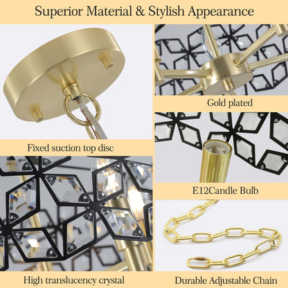 19' Geometric Crystal and BlackGold Round Pendant Chandelier – Modern 5 - Light Fixture for Dining Room, Living Room, or Kitchen (Bulb Not Included) - 1st Choice Furniture Direct