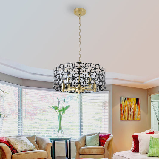 19' Geometric Crystal and BlackGold Round Pendant Chandelier – Modern 5 - Light Fixture for Dining Room, Living Room, or Kitchen (Bulb Not Included) - 1st Choice Furniture Direct