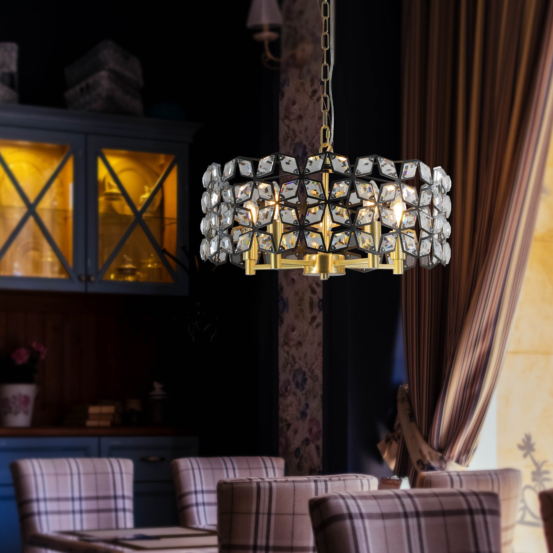 19' Geometric Crystal and BlackGold Round Pendant Chandelier – Modern 5 - Light Fixture for Dining Room, Living Room, or Kitchen (Bulb Not Included) - 1st Choice Furniture Direct