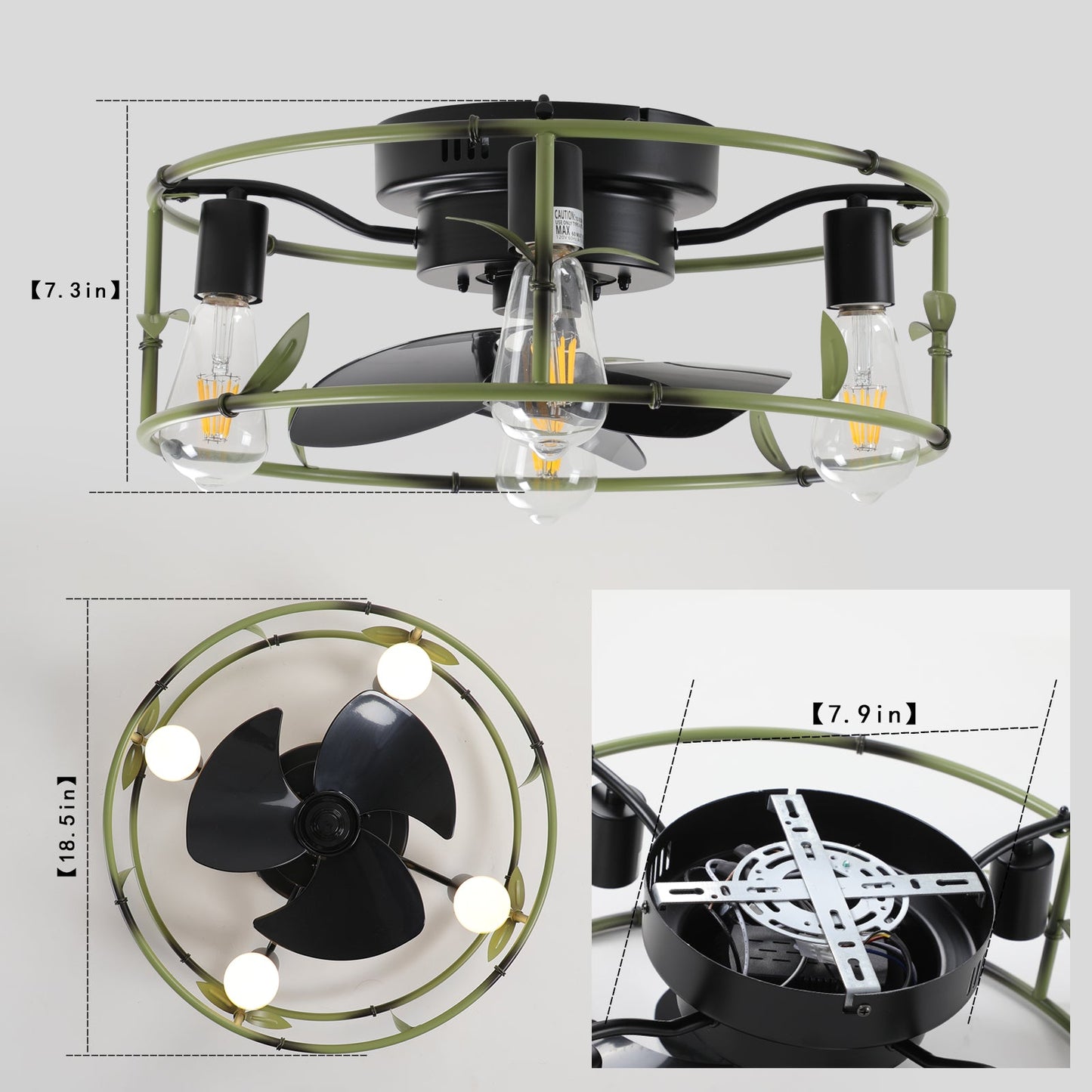19' Green Industrial Ceiling Fan with Light - Flush Mount Caged Ceiling Fan with Remote, 3 - Light Rustic Ceiling Fan, Silent 6 - Speed Reversible DC Motor for Bedroom, Living Room (Bulb Not Included) - 1st Choice Furniture Direct