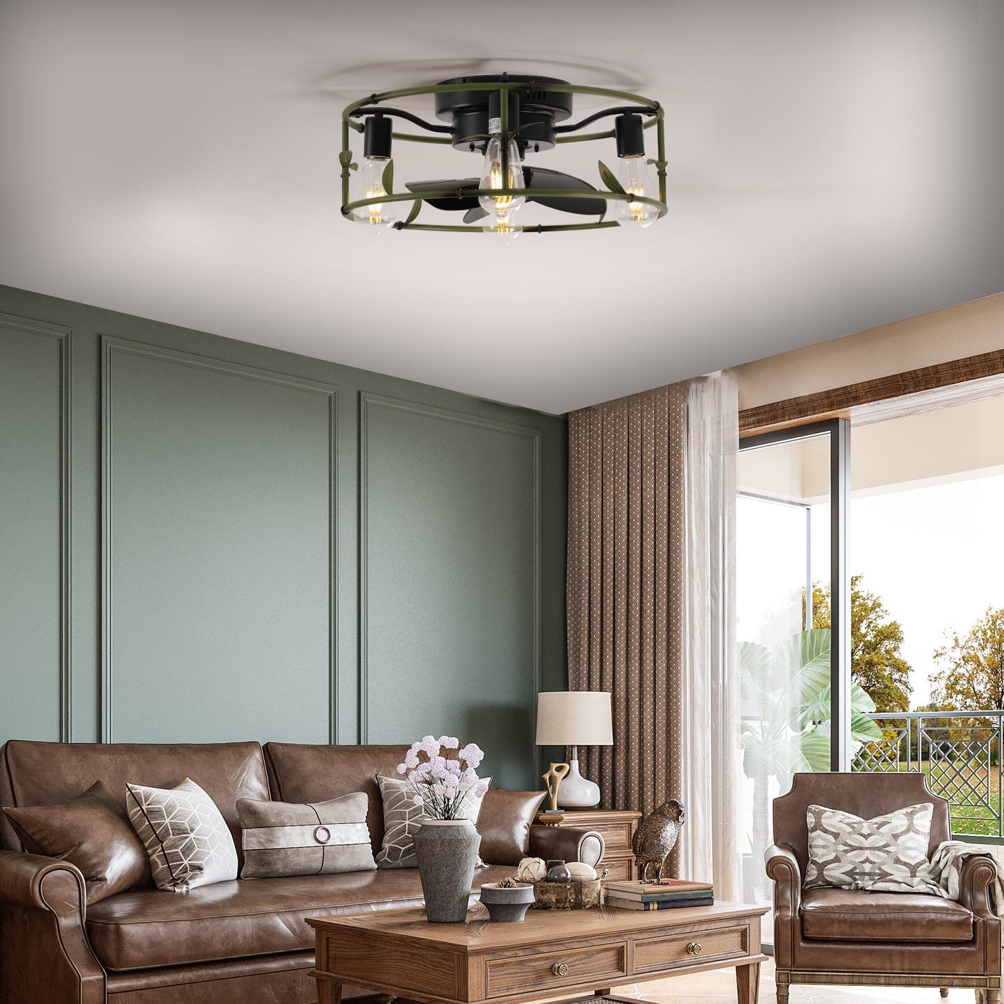 19' Green Industrial Ceiling Fan with Light - Flush Mount Caged Ceiling Fan with Remote, 3 - Light Rustic Ceiling Fan, Silent 6 - Speed Reversible DC Motor for Bedroom, Living Room (Bulb Not Included) - 1st Choice Furniture Direct