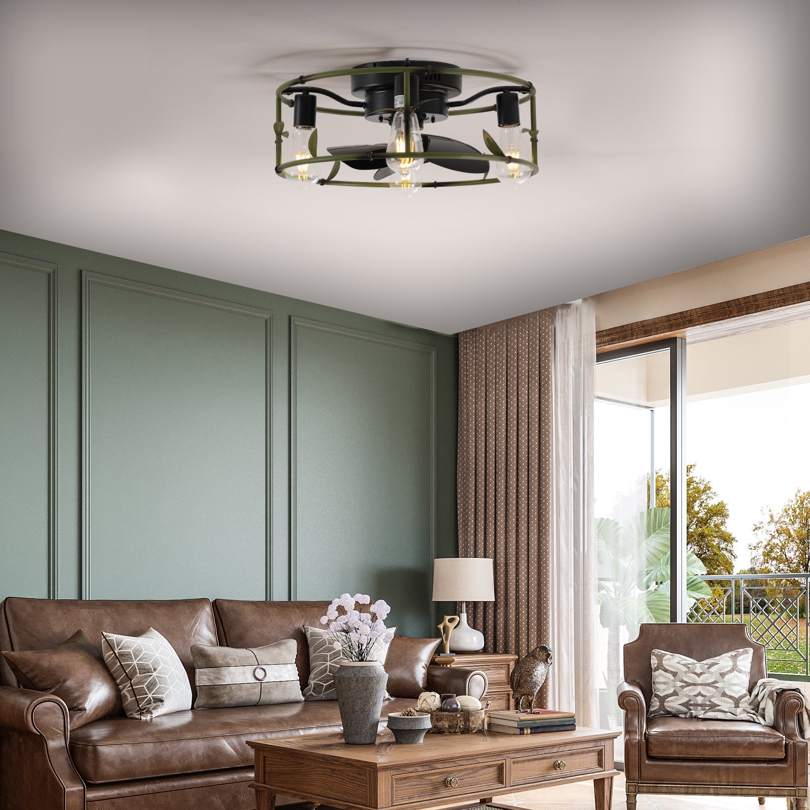 19' Green Industrial Ceiling Fan with Light - Flush Mount Caged Ceiling Fan with Remote, 3 - Light Rustic Ceiling Fan, Silent 6 - Speed Reversible DC Motor for Bedroom, Living Room (Bulb Not Included) - 1st Choice Furniture Direct