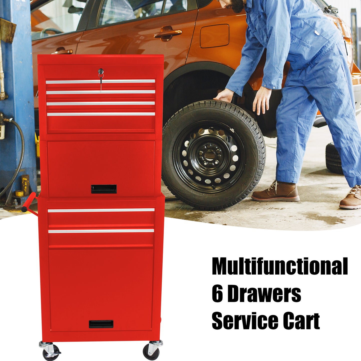 Tool Cabinet on Wheels, 6-Drawer Lockable Rolling Tool Chest w/ 4 Universal Wheels, 2 in 1 Detachable Tool Box Storage Organizer for Garage Workshop Repair Shop,RED