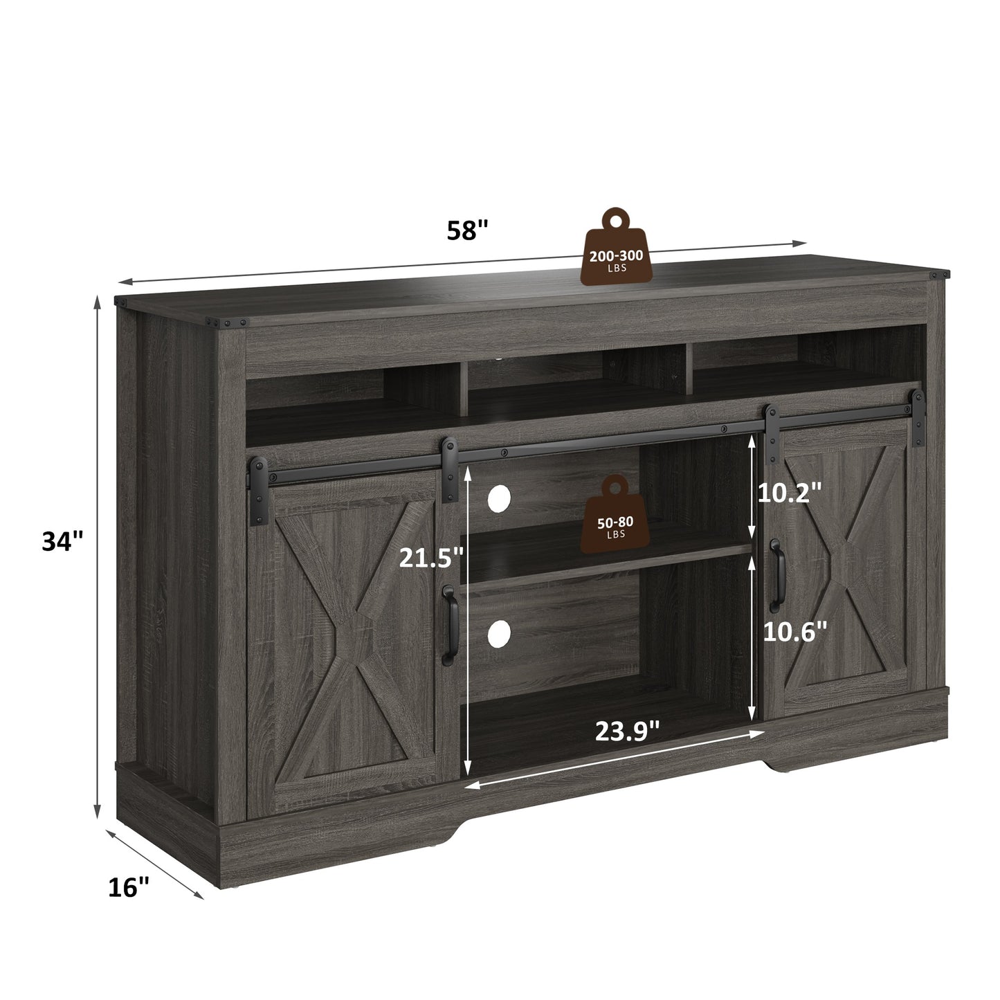 1st Choice 58" Farmhouse Double-Door Three-Layer TV Cabinet in Dark Gray