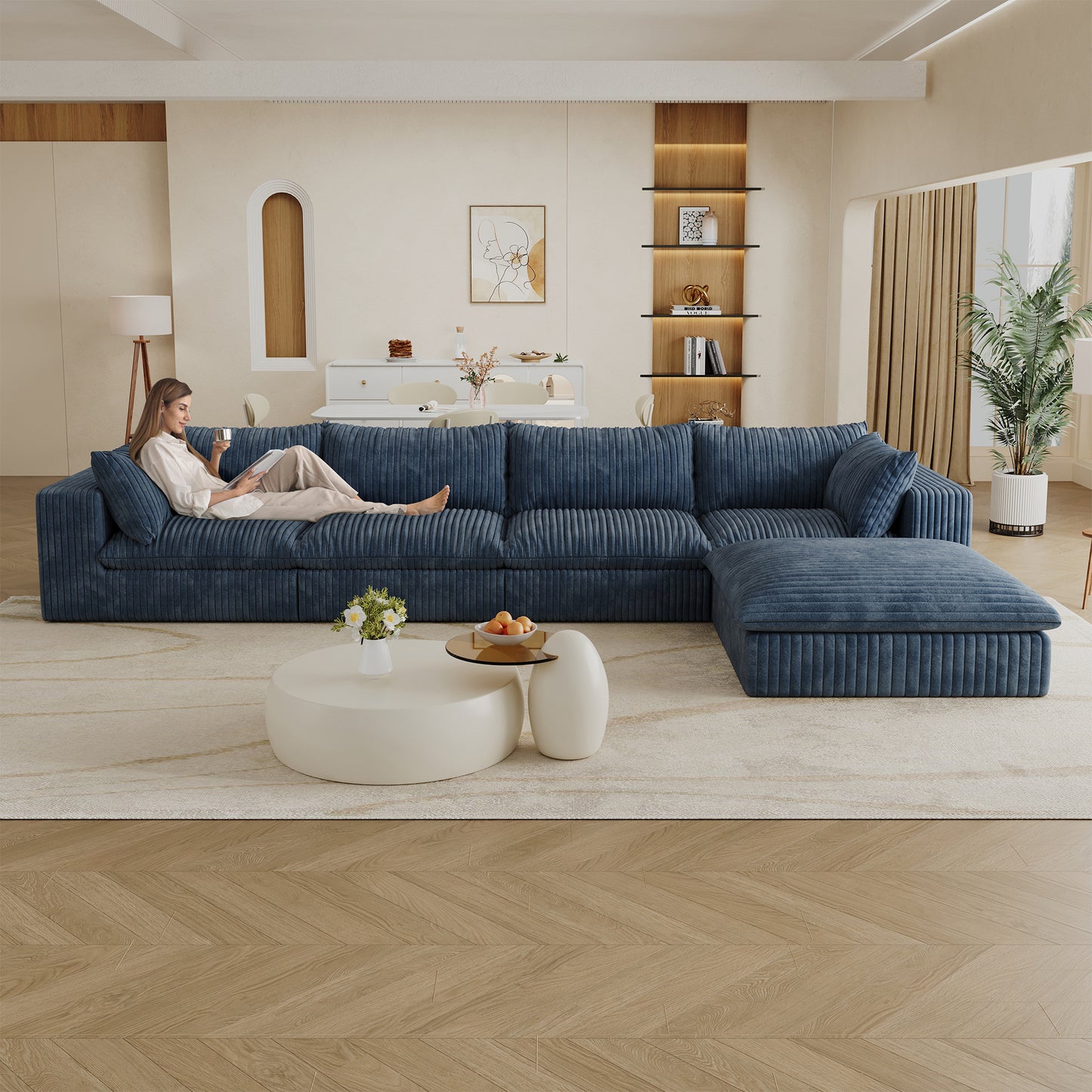 157.6'Cloud Sofa,Corduroy Fabric,Deep Seat Couches,Double-layer design,Removable  Cushion,No Assembly,DIY Combination for Living room, Bedroom,Conference room ,Apartment,Blue