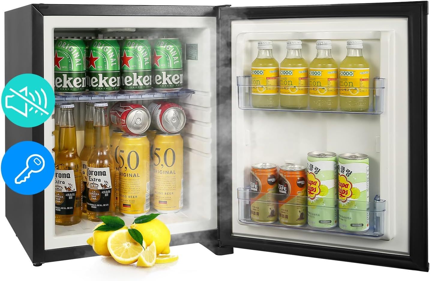 Mini Fridge for Bedroom, 1.07 cu.ft 110V Quiet Fridge with Lock, Small Silent Compact Refrigerator for Dorm RV Hotel Office, Noise Absorption, Black
