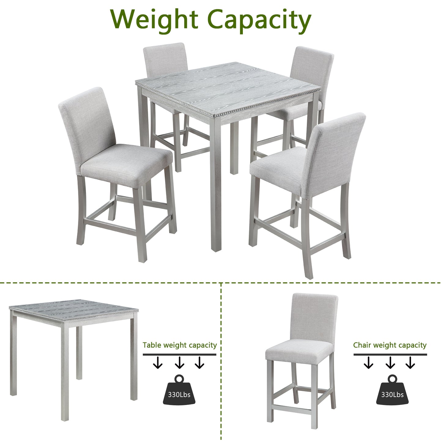 5 Piece Counter Height Table Set, Wooden Kitchen Table Set with Square Table and 4 Upholstered Chairs, Counter Height Dining Table with Crystal Decoration and Chair Set for Kitchen, Dining Room,Gray