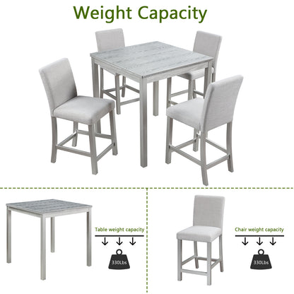 5 Piece Counter Height Table Set, Wooden Kitchen Table Set with Square Table and 4 Upholstered Chairs, Counter Height Dining Table with Crystal Decoration and Chair Set for Kitchen, Dining Room,Gray