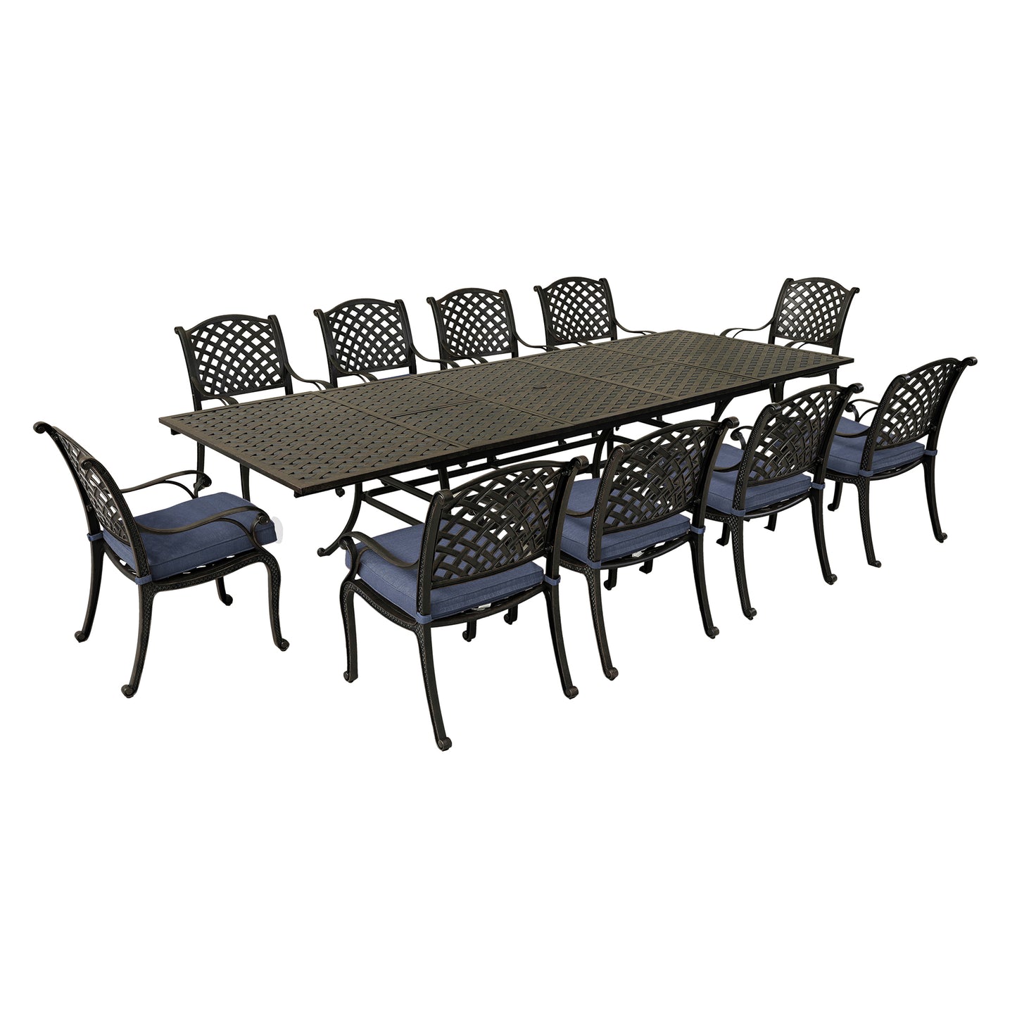 Rectangular 10 - Person 126.38' Long Dining Set with Navy Blue Cushions