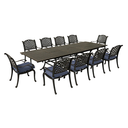 Rectangular 10 - Person 126.38' Long Dining Set with Navy Blue Cushions